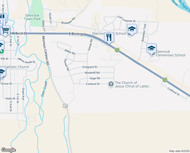 map of restaurants, bars, coffee shops, grocery stores, and more near 515-519 Windmill Road in Glenrock