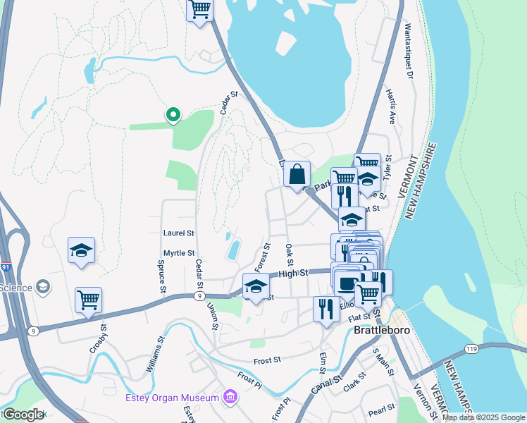 map of restaurants, bars, coffee shops, grocery stores, and more near 139 Forest Street in Brattleboro