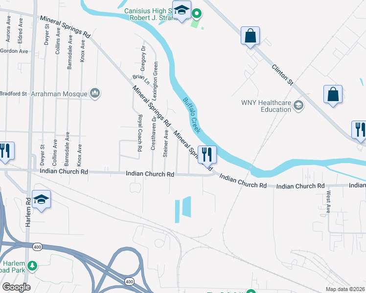 map of restaurants, bars, coffee shops, grocery stores, and more near 1168 Mineral Springs Road in West Seneca