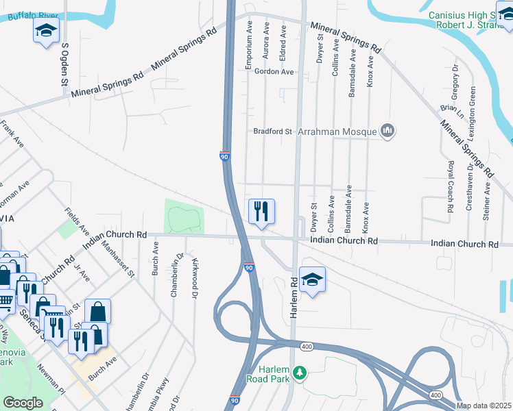 map of restaurants, bars, coffee shops, grocery stores, and more near 69 Emporium Avenue in Buffalo