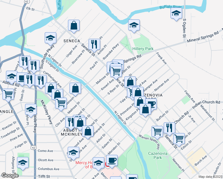 map of restaurants, bars, coffee shops, grocery stores, and more near 35 Knoerl Avenue in Buffalo
