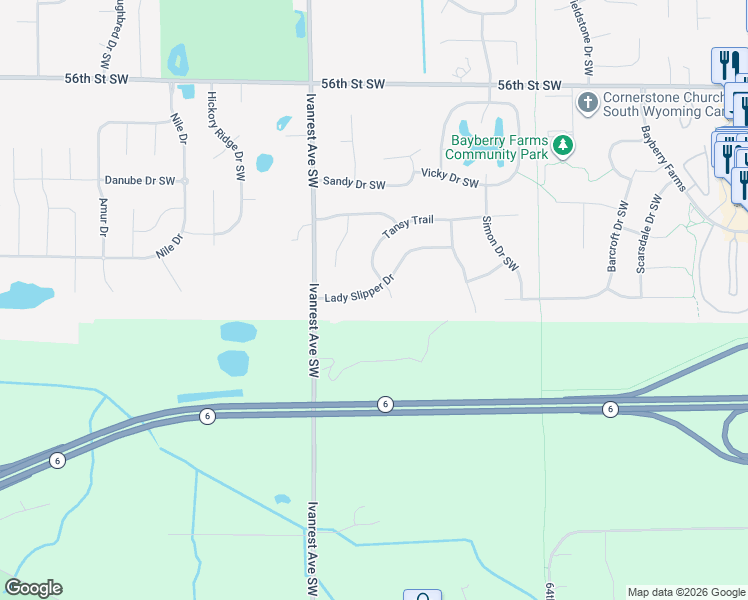 map of restaurants, bars, coffee shops, grocery stores, and more near 3115 Lady Slipper Drive in Wyoming