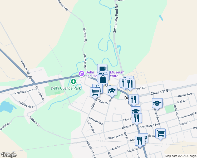 map of restaurants, bars, coffee shops, grocery stores, and more near 141 King Street in Delhi