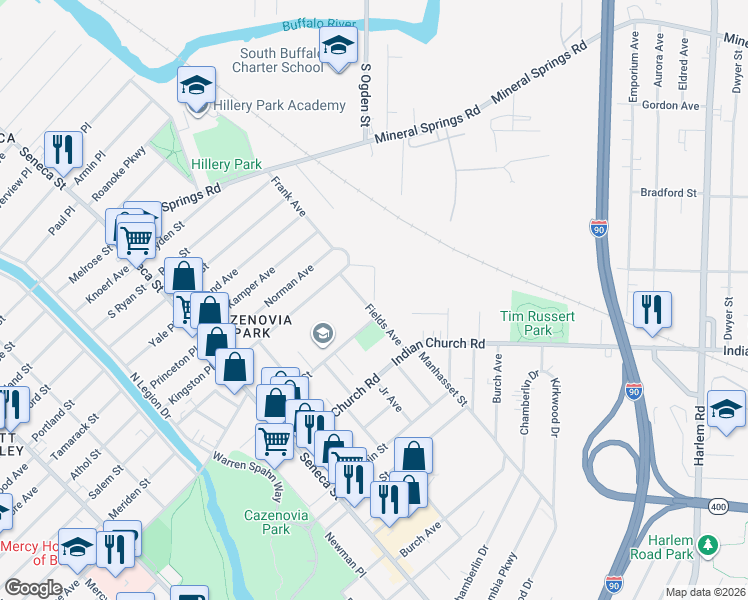 map of restaurants, bars, coffee shops, grocery stores, and more near 182 Buffum Street in Buffalo