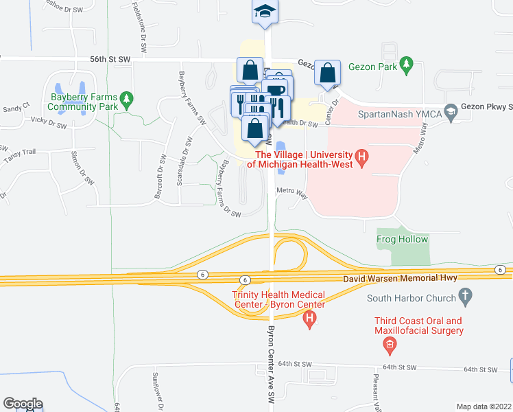map of restaurants, bars, coffee shops, grocery stores, and more near 5862 Bayberry Farms Drive Southwest in Wyoming