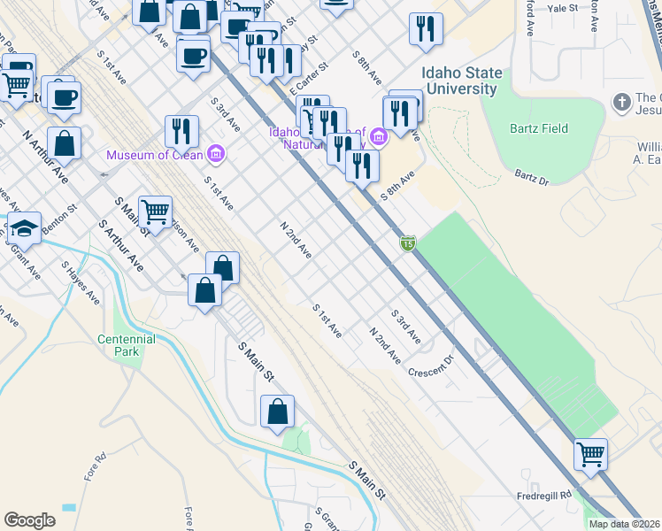 map of restaurants, bars, coffee shops, grocery stores, and more near 1232 South 2nd Avenue in Pocatello