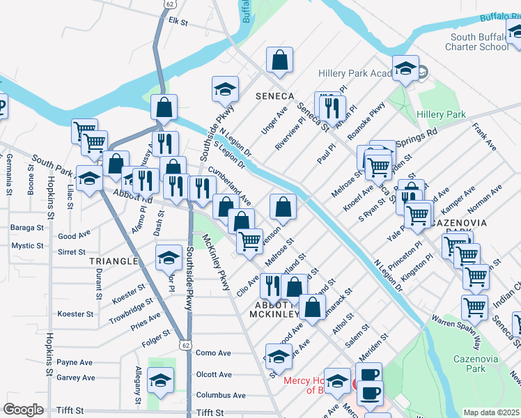 map of restaurants, bars, coffee shops, grocery stores, and more near 124 Cumberland Avenue in Buffalo