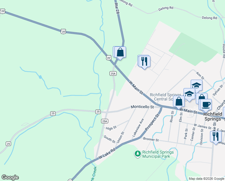 map of restaurants, bars, coffee shops, grocery stores, and more near 205 County Highway 25A in Richfield Springs