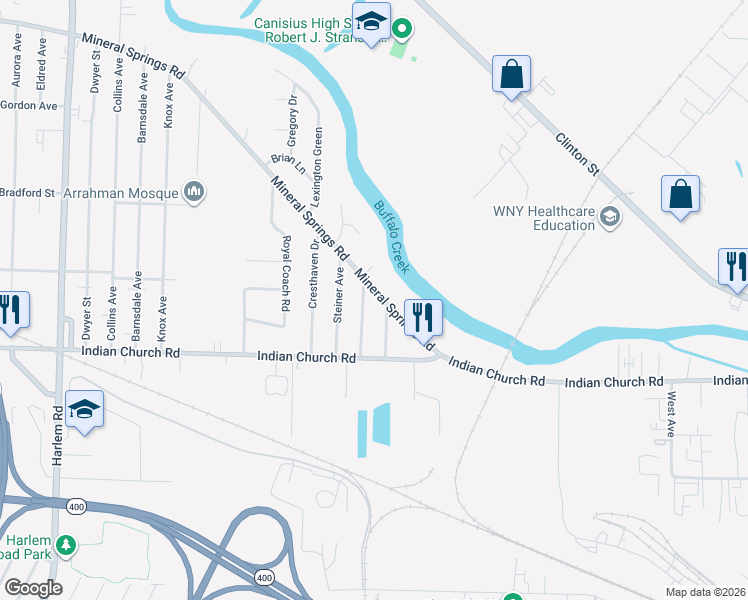 map of restaurants, bars, coffee shops, grocery stores, and more near 1168 Mineral Springs Road in West Seneca