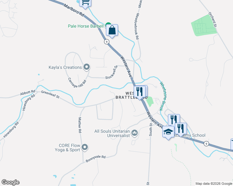 map of restaurants, bars, coffee shops, grocery stores, and more near 55 Greenleaf Street in West Brattleboro