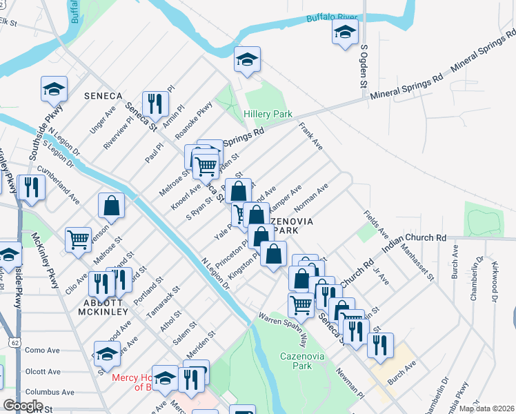 map of restaurants, bars, coffee shops, grocery stores, and more near 47 Weyand Avenue in Buffalo
