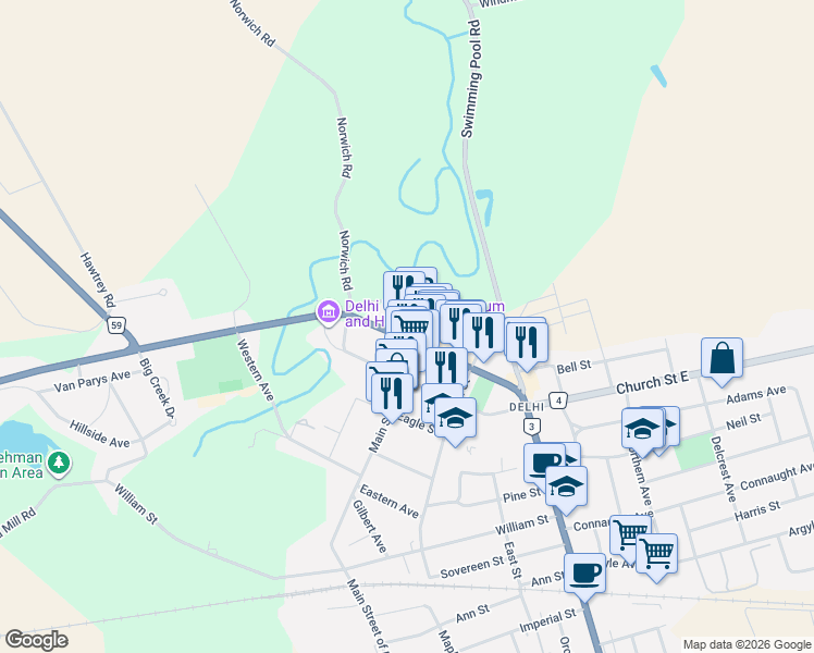 map of restaurants, bars, coffee shops, grocery stores, and more near 135 King Street in Delhi