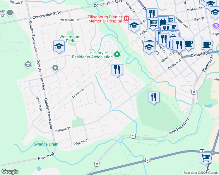 map of restaurants, bars, coffee shops, grocery stores, and more near 26 Edwin Crescent in Tillsonburg