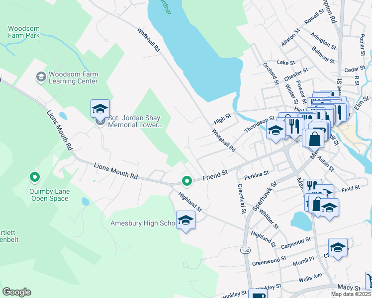 map of restaurants, bars, coffee shops, grocery stores, and more near 20 Maple Street in Amesbury