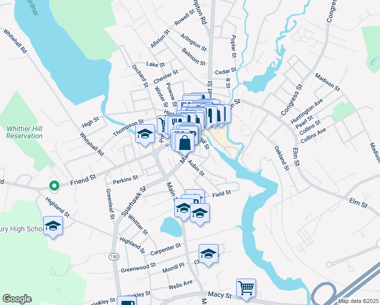 map of restaurants, bars, coffee shops, grocery stores, and more near 84 Main Street in Amesbury