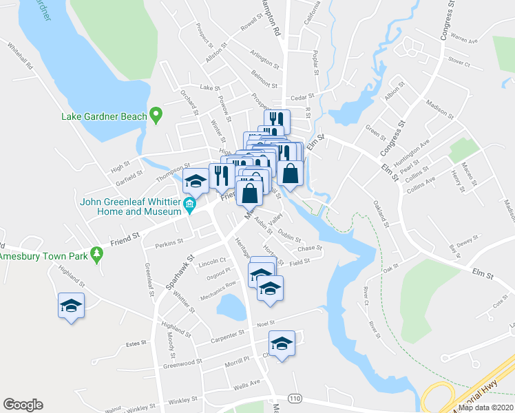 map of restaurants, bars, coffee shops, grocery stores, and more near 11 1/2 Mill Street in Amesbury