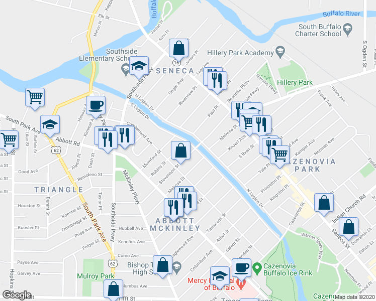 map of restaurants, bars, coffee shops, grocery stores, and more near 114 Stevenson Street in Buffalo