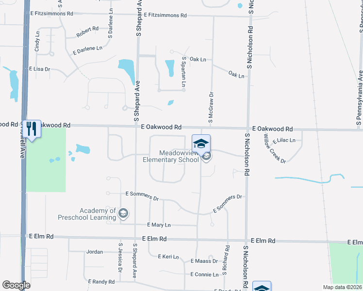 map of restaurants, bars, coffee shops, grocery stores, and more near 1039 East Stonewood Drive in Oak Creek