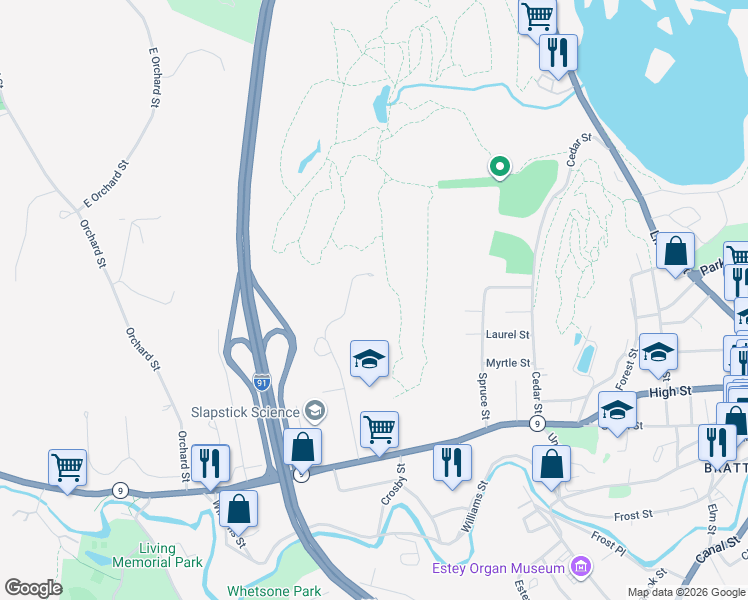 map of restaurants, bars, coffee shops, grocery stores, and more near 69 Burgess Way in Brattleboro