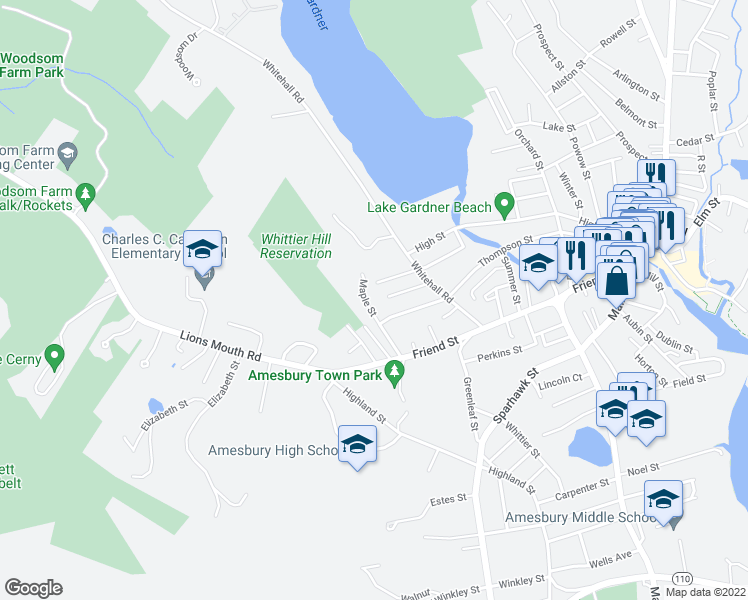 map of restaurants, bars, coffee shops, grocery stores, and more near 20 Maple Street in Amesbury