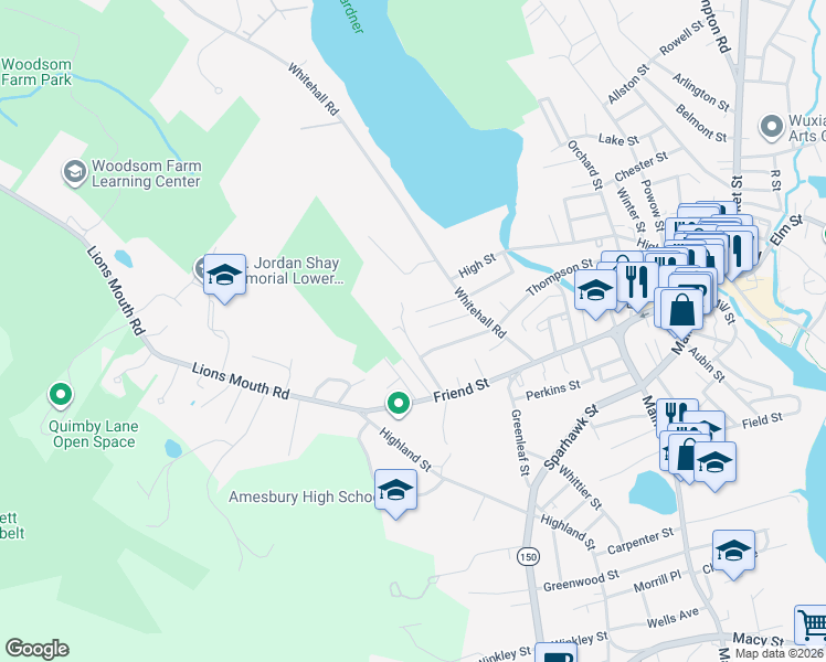 map of restaurants, bars, coffee shops, grocery stores, and more near 20 Maple Street in Amesbury