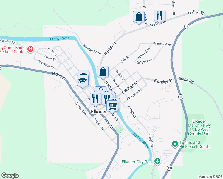 map of restaurants, bars, coffee shops, grocery stores, and more near 206 North High Street in Elkader