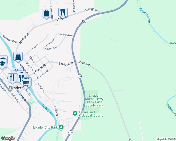 map of restaurants, bars, coffee shops, grocery stores, and more near 20994 Grape Road in Elkader