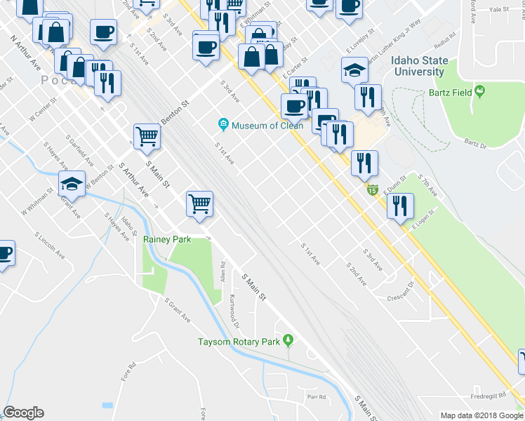 map of restaurants, bars, coffee shops, grocery stores, and more near 12 East Dillon Street in Pocatello