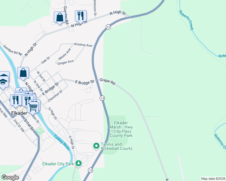 map of restaurants, bars, coffee shops, grocery stores, and more near 20994 Grape Road in Elkader