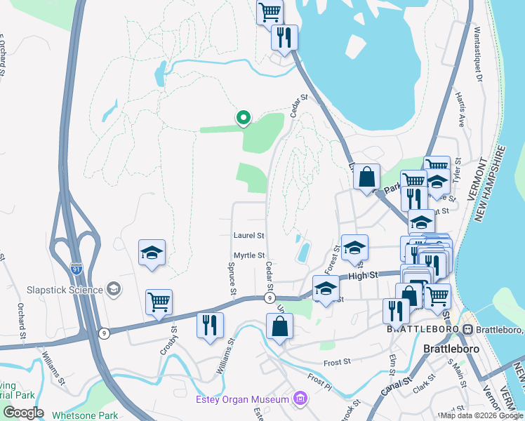 map of restaurants, bars, coffee shops, grocery stores, and more near 140 Cedar St in Brattleboro