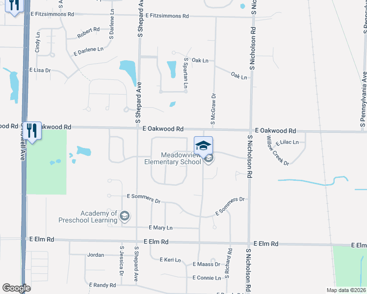 map of restaurants, bars, coffee shops, grocery stores, and more near 1039 East Stonewood Drive in Oak Creek