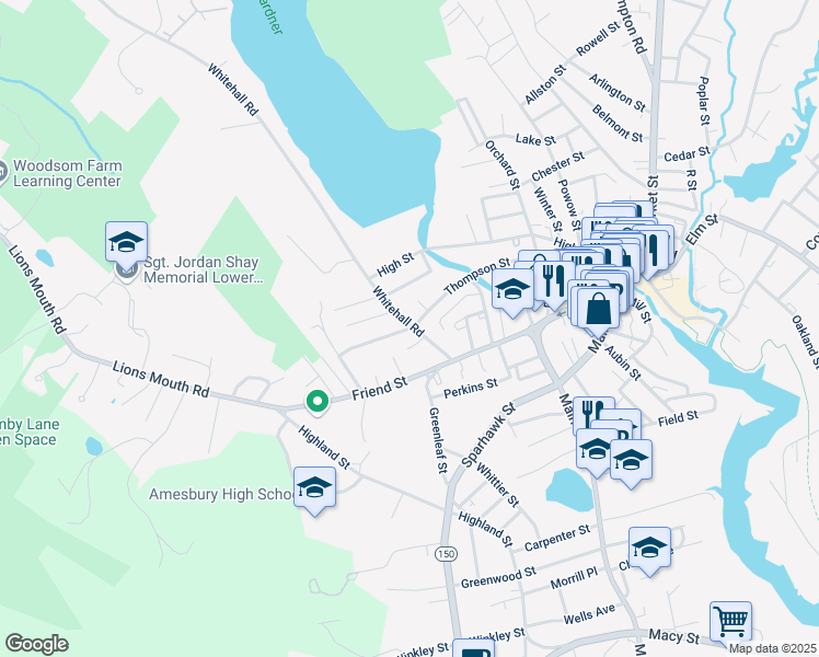 map of restaurants, bars, coffee shops, grocery stores, and more near 4 Whittier Avenue in Amesbury