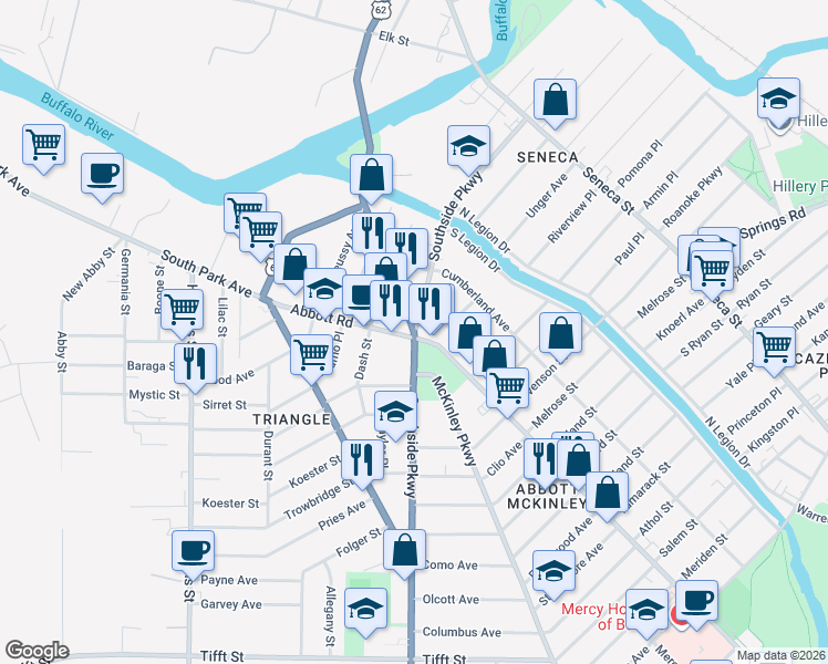 map of restaurants, bars, coffee shops, grocery stores, and more near McKinley Parkway & Southside Parkway in Buffalo