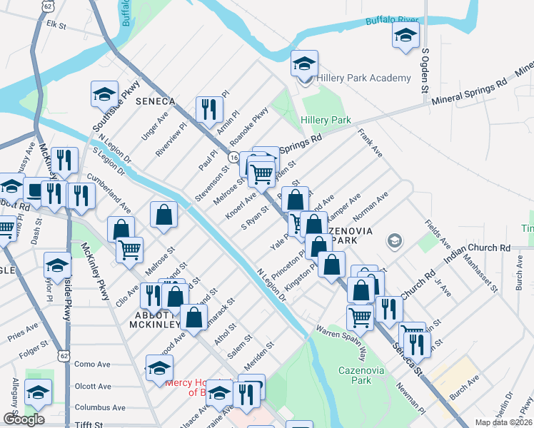 map of restaurants, bars, coffee shops, grocery stores, and more near 2019 Seneca Street in Buffalo