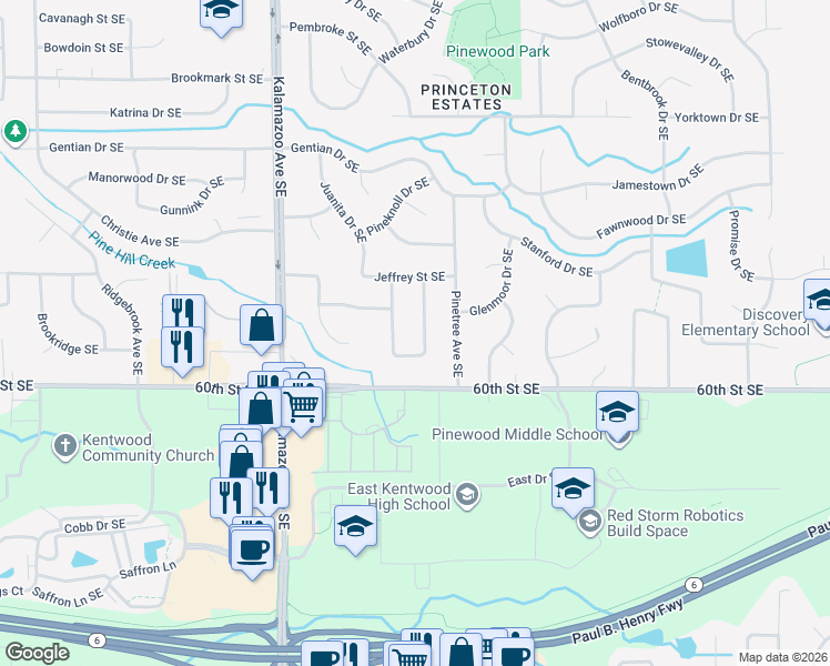 map of restaurants, bars, coffee shops, grocery stores, and more near 5894 Penny Farm Drive Southeast in Kentwood
