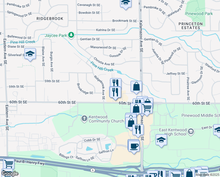 map of restaurants, bars, coffee shops, grocery stores, and more near 1403 60th Street Southeast in Kentwood