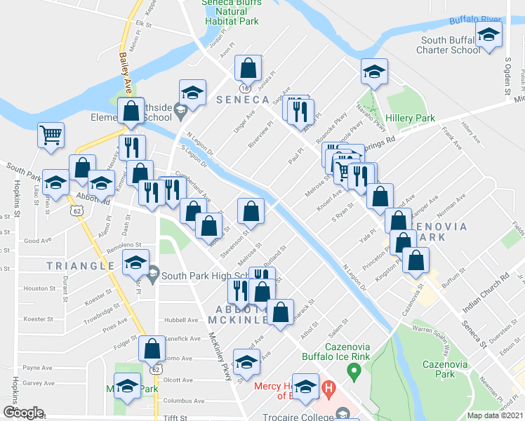 map of restaurants, bars, coffee shops, grocery stores, and more near 114 Stevenson Street in Buffalo