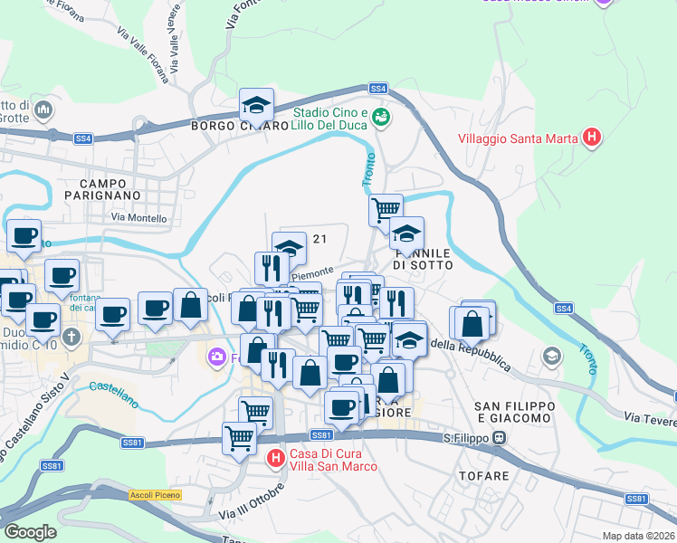 map of restaurants, bars, coffee shops, grocery stores, and more near 11 Via Piemonte in Ascoli Piceno