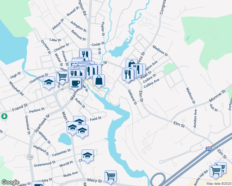 map of restaurants, bars, coffee shops, grocery stores, and more near 34 Water Street in Amesbury