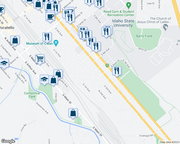 map of restaurants, bars, coffee shops, grocery stores, and more near 1247 South 3rd Avenue in Pocatello