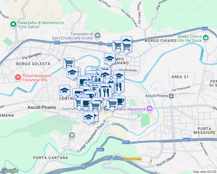 map of restaurants, bars, coffee shops, grocery stores, and more near 43 Via delle Canterine in Ascoli Piceno
