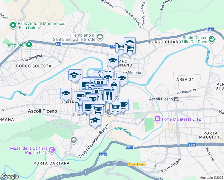 map of restaurants, bars, coffee shops, grocery stores, and more near 41-43 Via delle Canterine in Ascoli Piceno