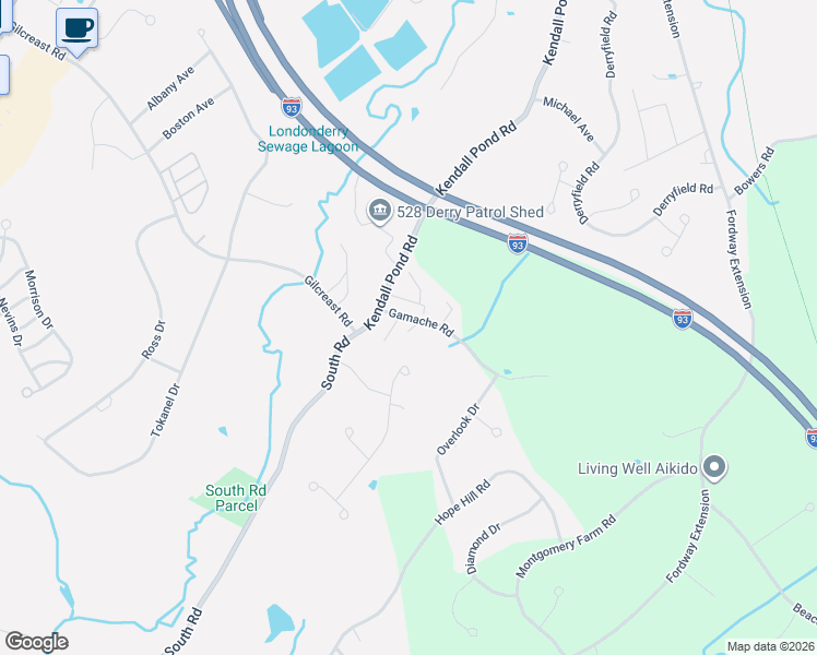 map of restaurants, bars, coffee shops, grocery stores, and more near 6 Gamache Road in Derry