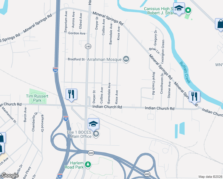 map of restaurants, bars, coffee shops, grocery stores, and more near 74 Barnsdale Avenue in Buffalo