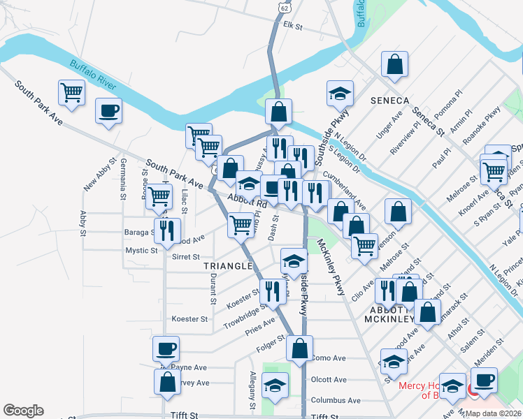 map of restaurants, bars, coffee shops, grocery stores, and more near in Buffalo