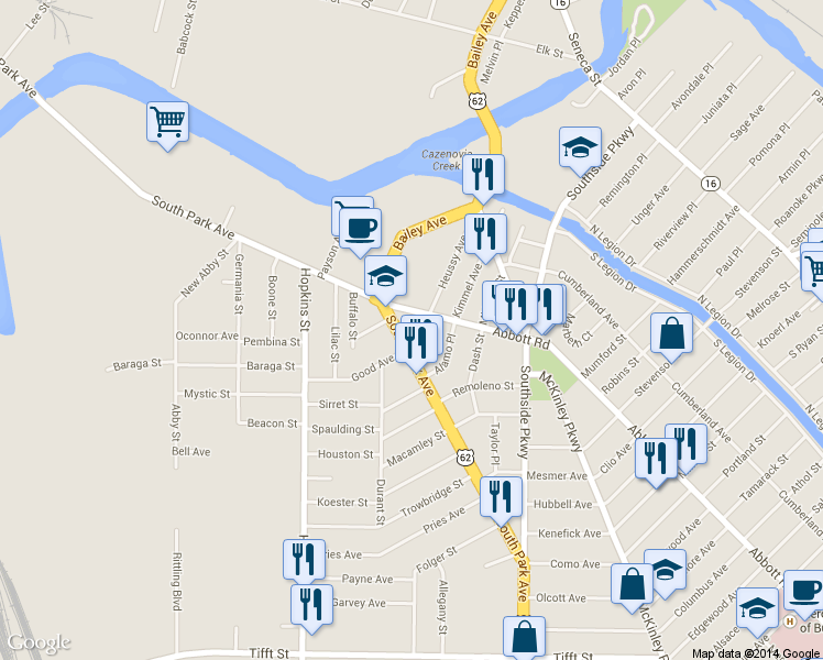 map of restaurants, bars, coffee shops, grocery stores, and more near 31 Abbott Road in Buffalo