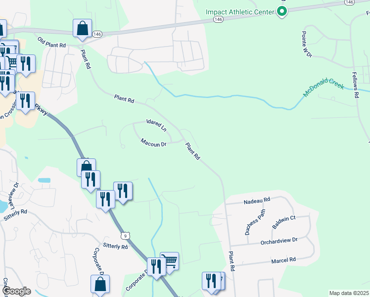 map of restaurants, bars, coffee shops, grocery stores, and more near 1 Macoun Drive in Saratoga County