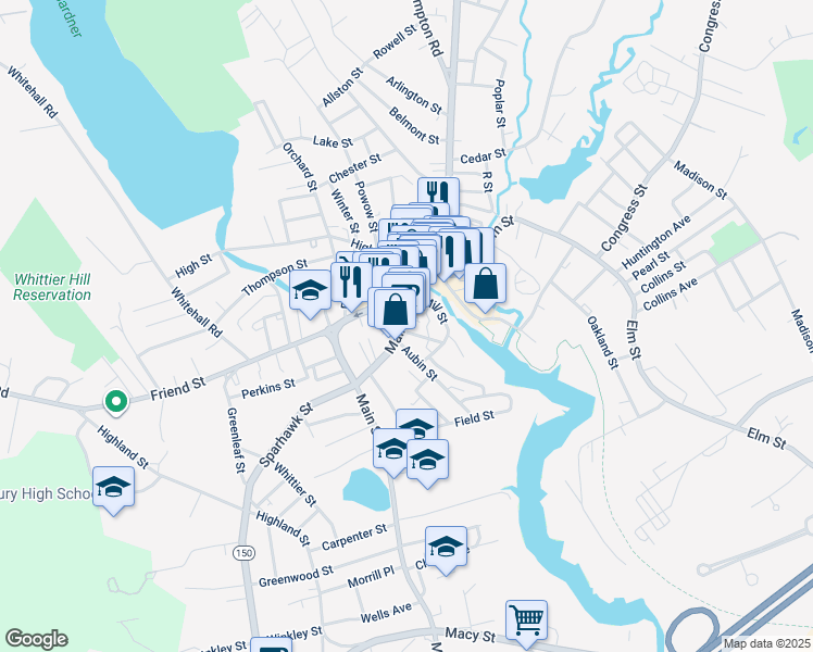map of restaurants, bars, coffee shops, grocery stores, and more near 80 Main Street in Amesbury