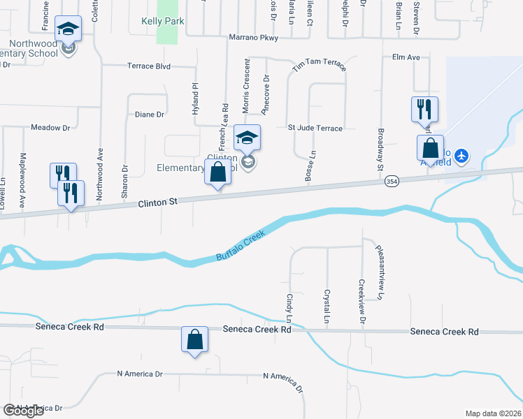 map of restaurants, bars, coffee shops, grocery stores, and more near 4131 Clinton Street in Buffalo