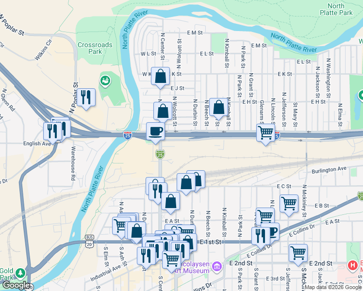 map of restaurants, bars, coffee shops, grocery stores, and more near 101-255 East E Street in Casper